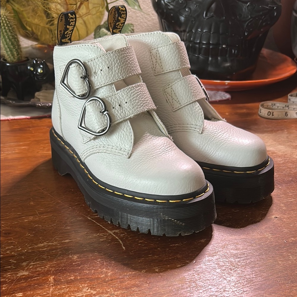 Dr. Martens White Devon Heart Double Buckle Boots